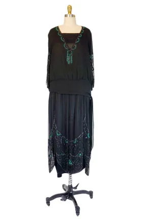 1920s Black & Green Beaded Silk Flapper