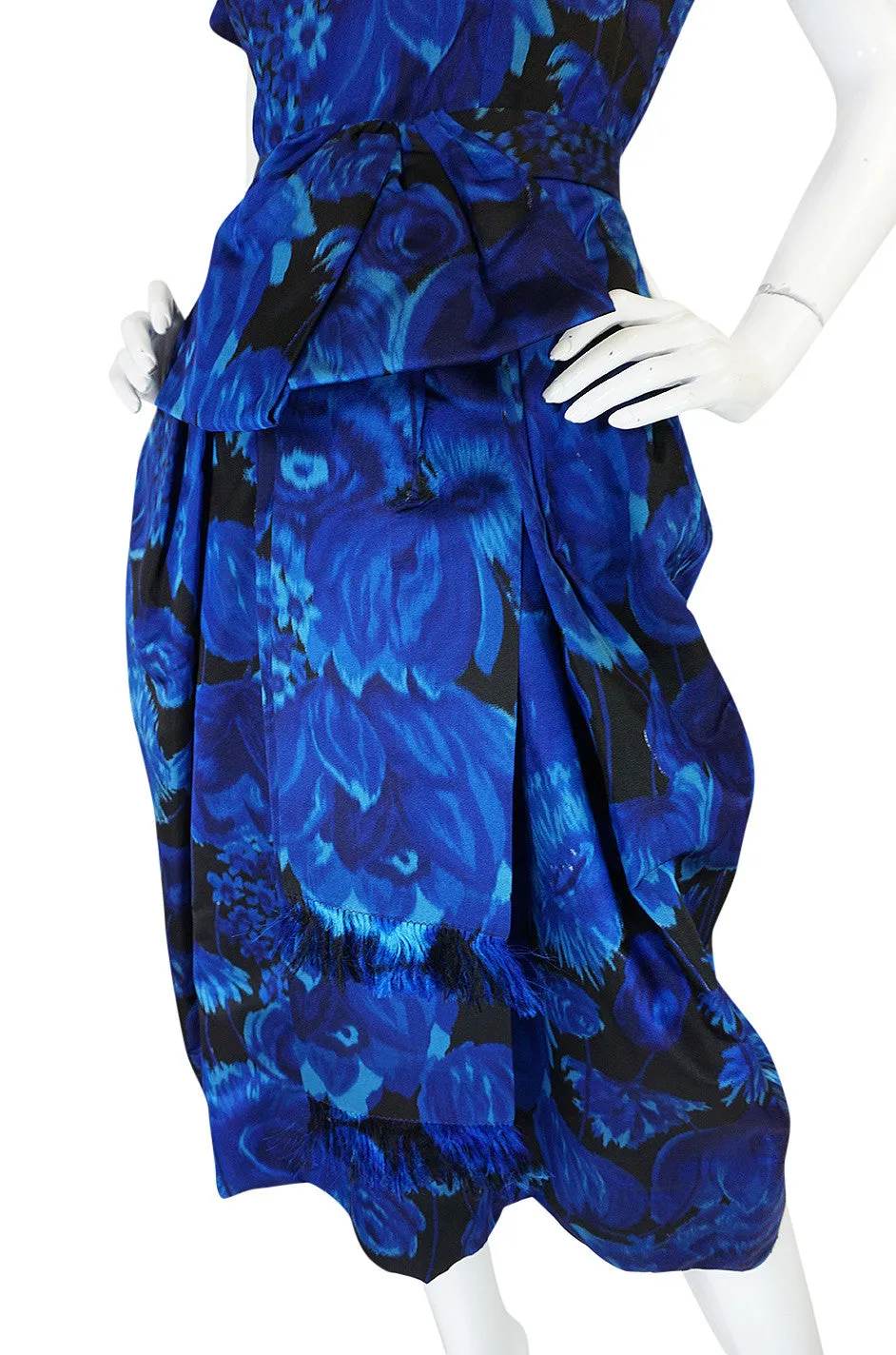 1950s Deep Blue Floral Demi-Couture Level Silk Dress