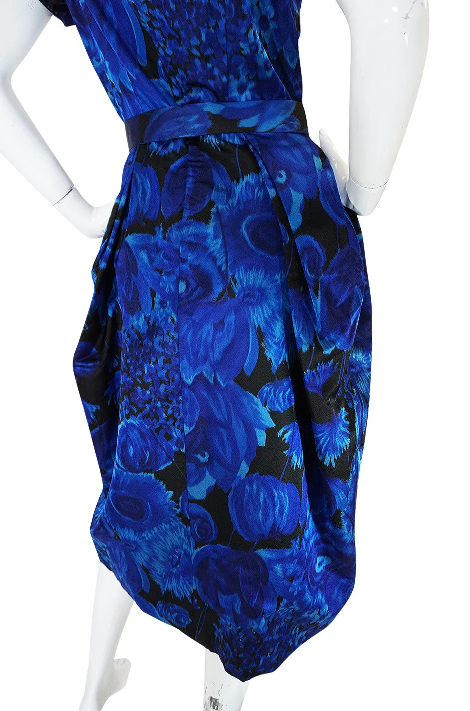 1950s Deep Blue Floral Demi-Couture Level Silk Dress