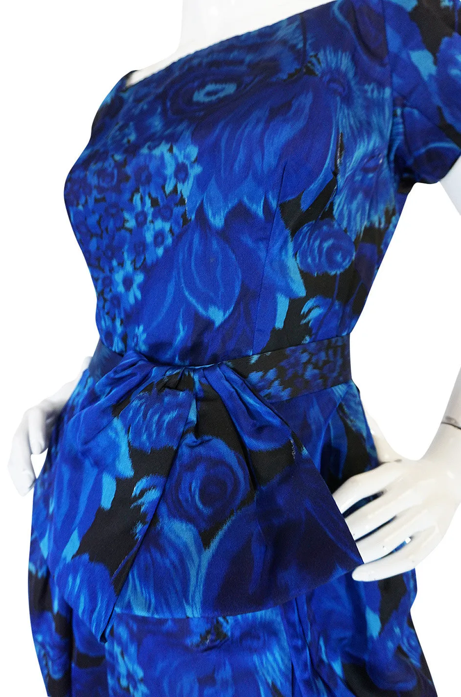 1950s Deep Blue Floral Demi-Couture Level Silk Dress