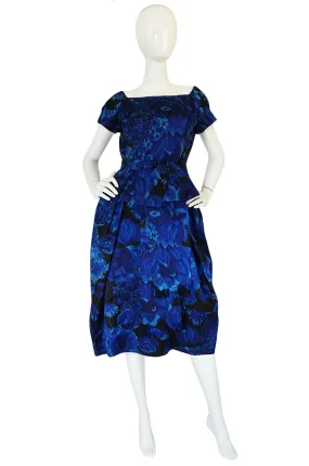 1950s Deep Blue Floral Demi-Couture Level Silk Dress