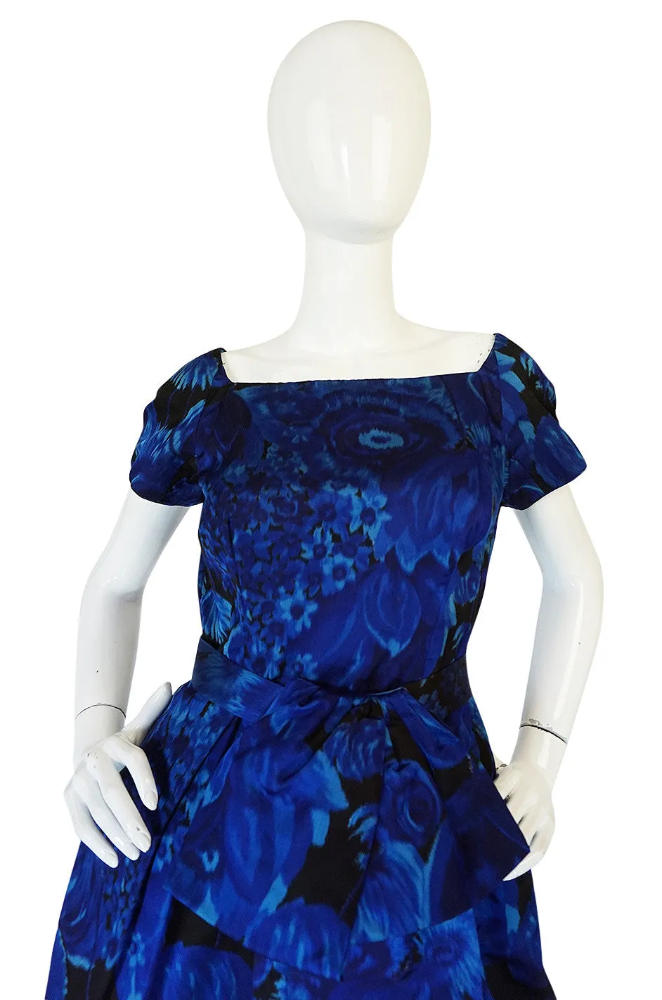 1950s Deep Blue Floral Demi-Couture Level Silk Dress