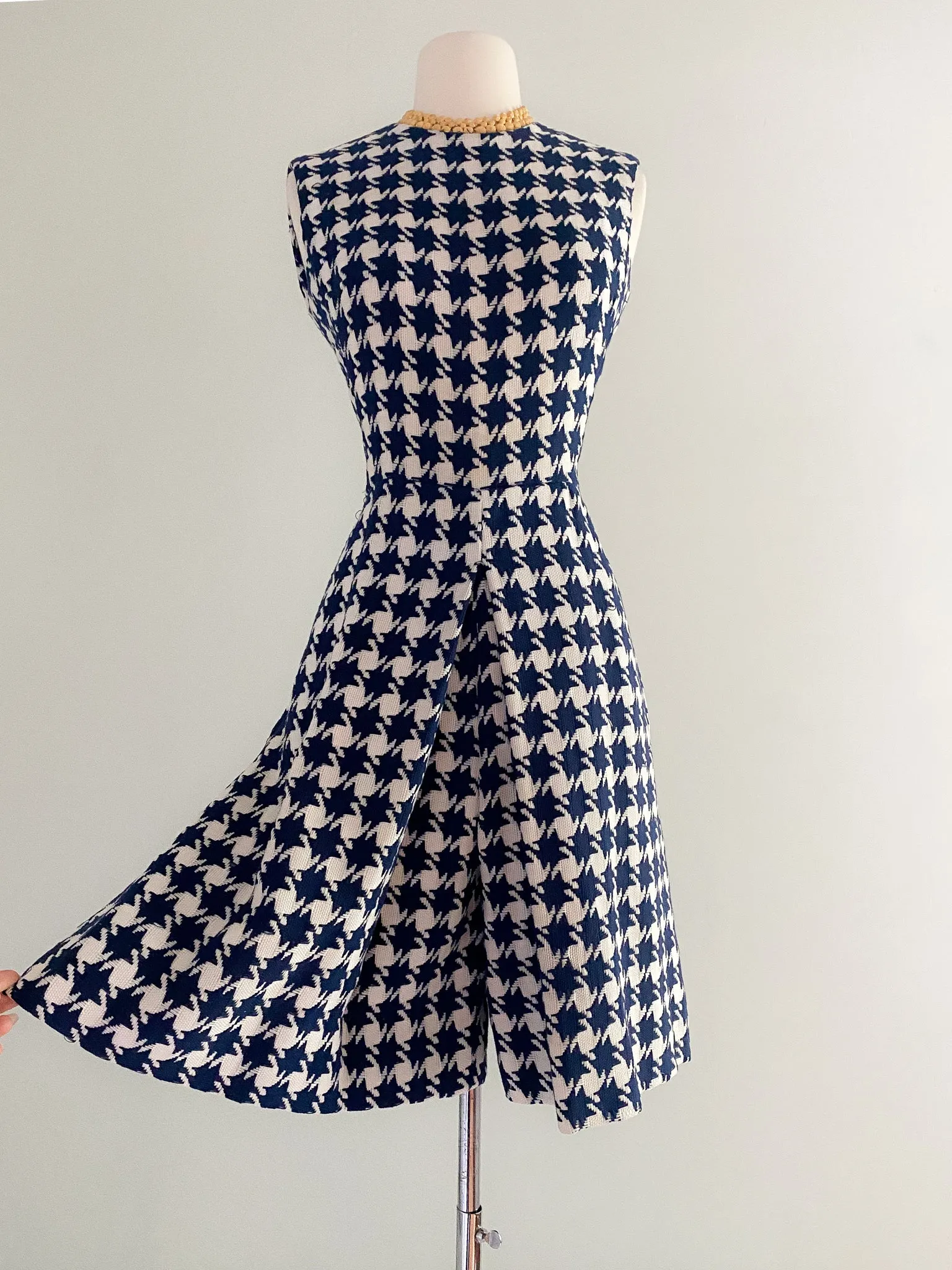 1960's Joan Leslie Navy Blue and White Houndstooth Jumpsuit / Sz M