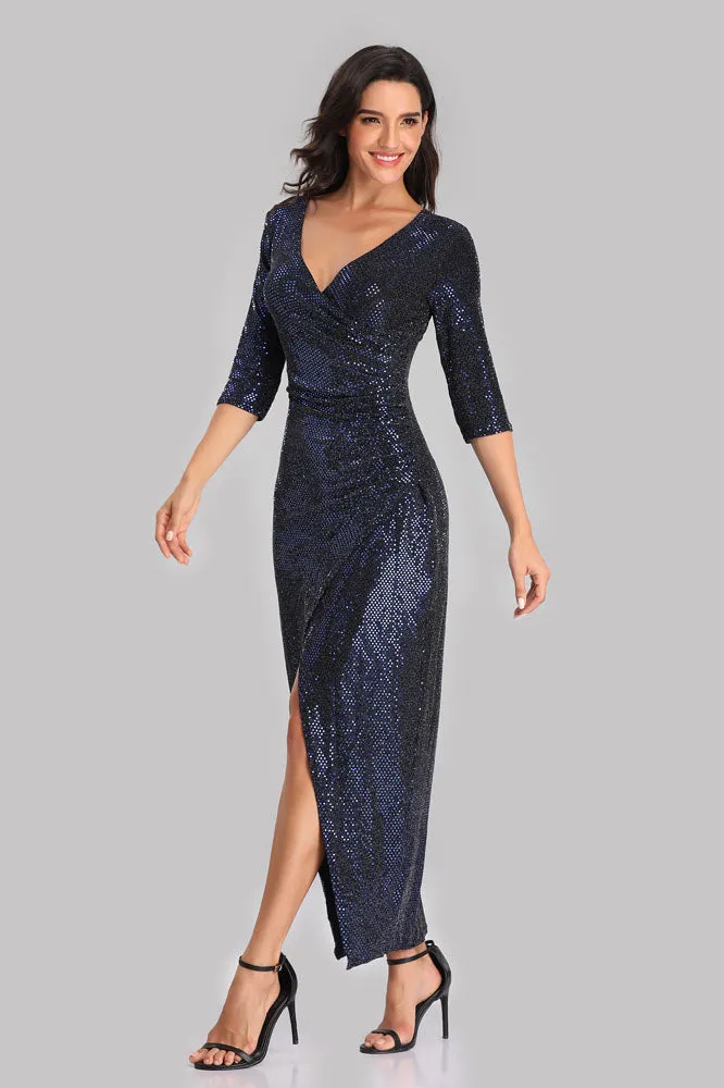 3/4 Sleeves Mermaid V-neck Pleated Split Sequins Evening Party Dress E90820