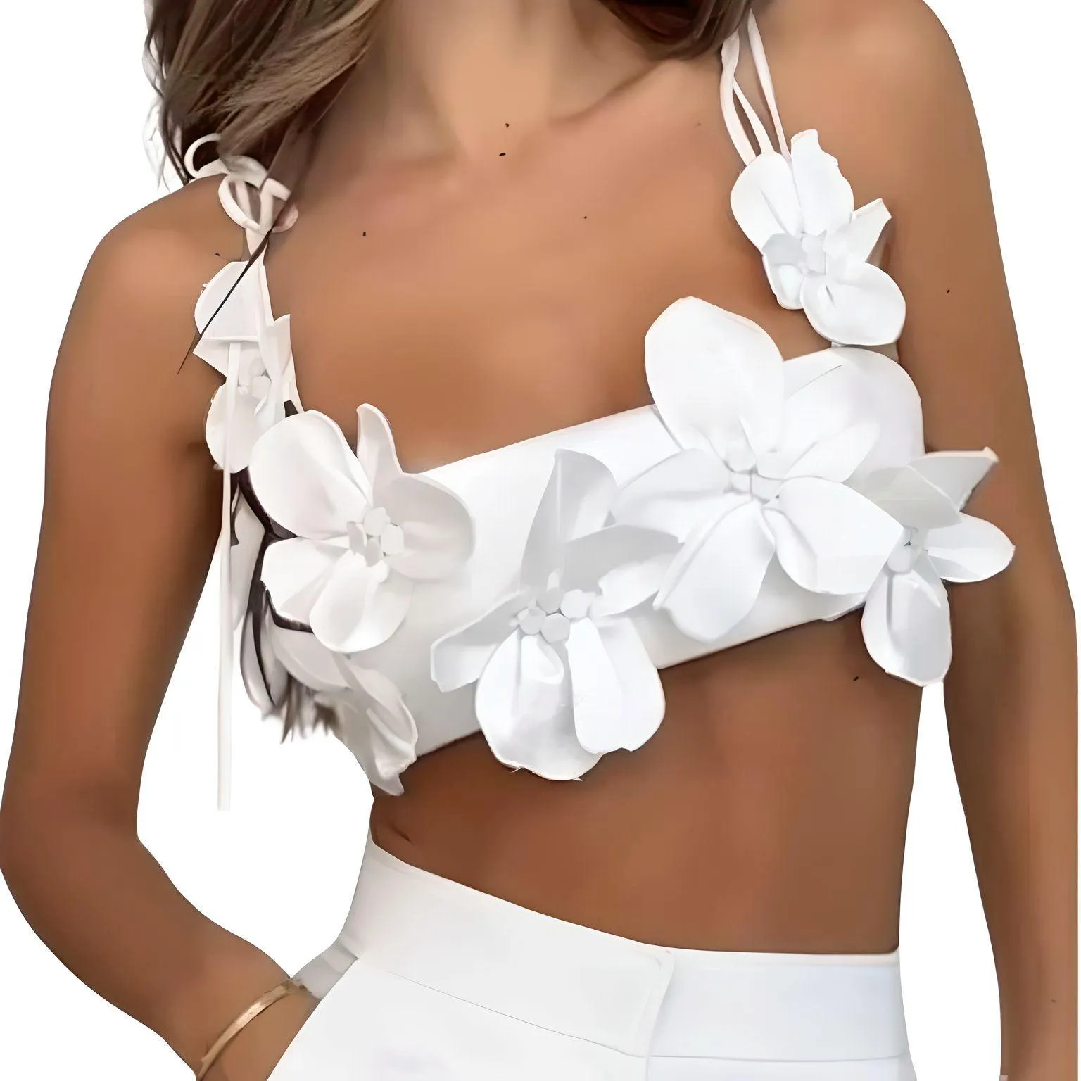 3D Flower Chest Wrap White Sexy Cropped Top Women Fashion Backless Sleeveless