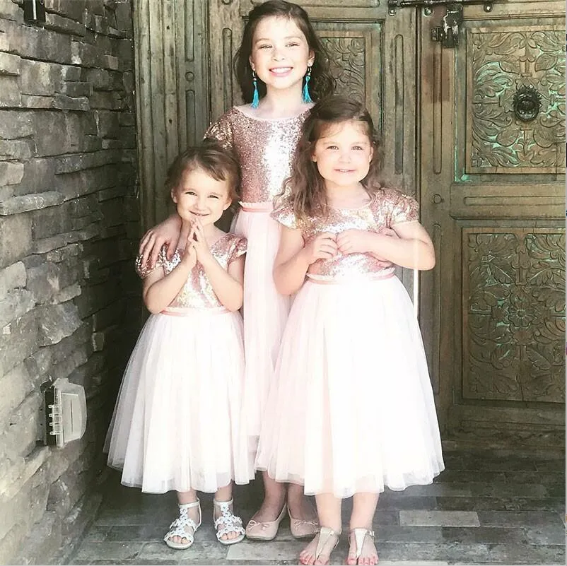 A-Line Rose Gold Round Neck Tea-Length Flower Girl Dress with Sequins, TYP1154