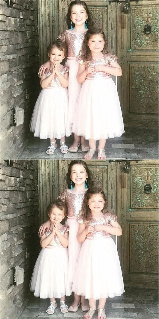 A-Line Rose Gold Round Neck Tea-Length Flower Girl Dress with Sequins, TYP1154