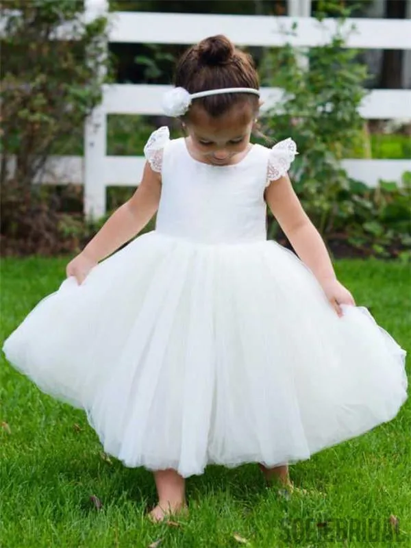 A-line Round Neck Lace Cap Sleeves Tulle Flower Girl Dresses , FG0106