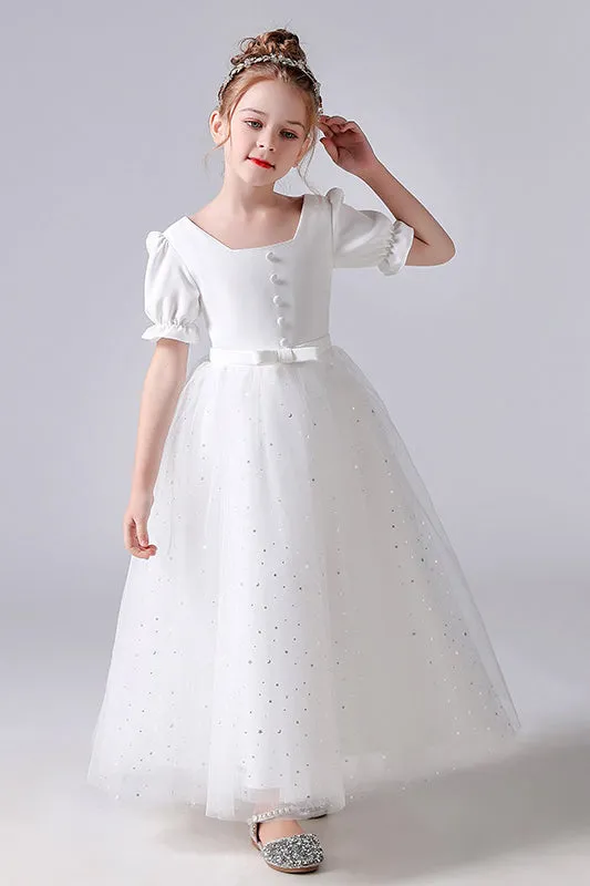 A-Line White Square Tulle Princess Flower Girl Dress With Belt