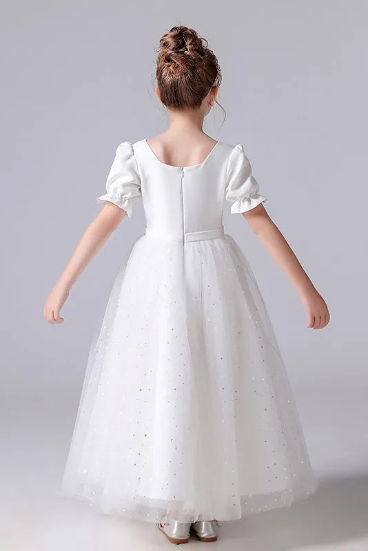 A-Line White Square Tulle Princess Flower Girl Dress With Belt