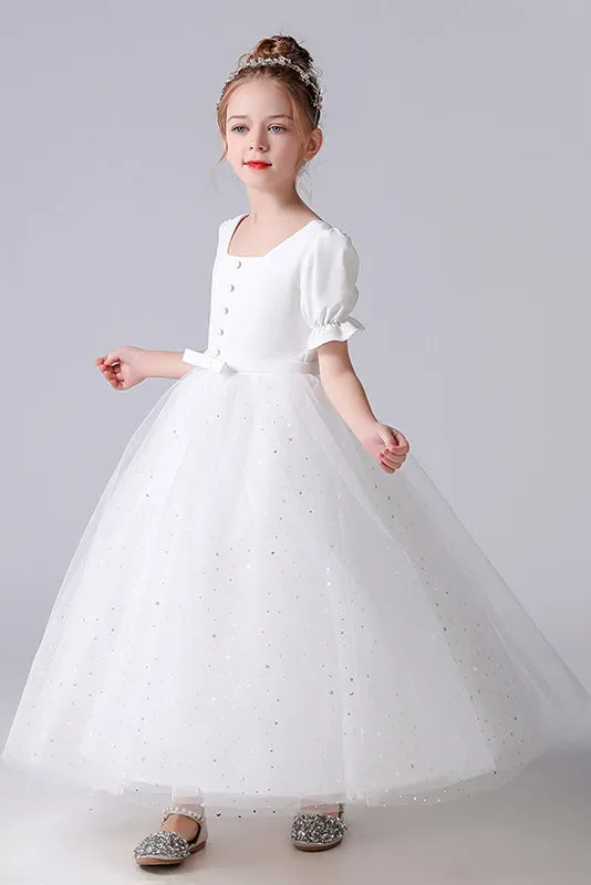 A-Line White Square Tulle Princess Flower Girl Dress With Belt