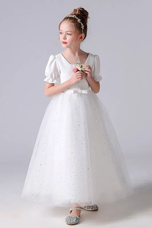 A-Line White Square Tulle Princess Flower Girl Dress With Belt