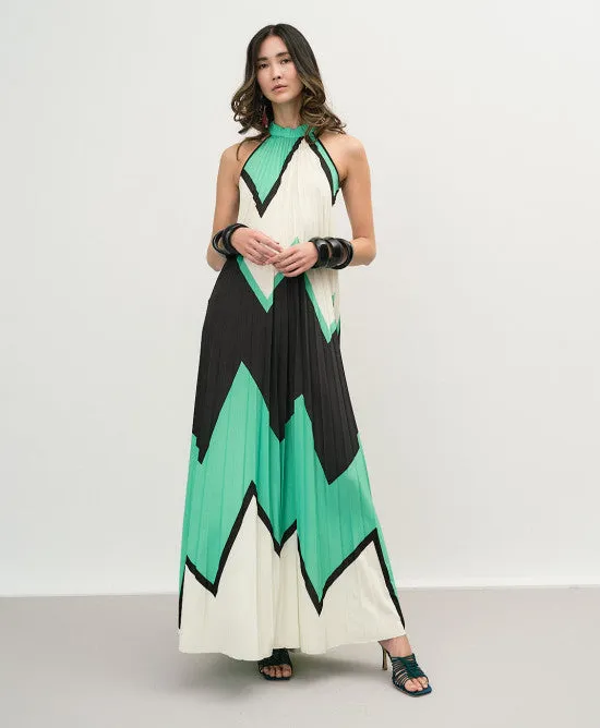 Access Green Multi Pleated Halterneck Dress