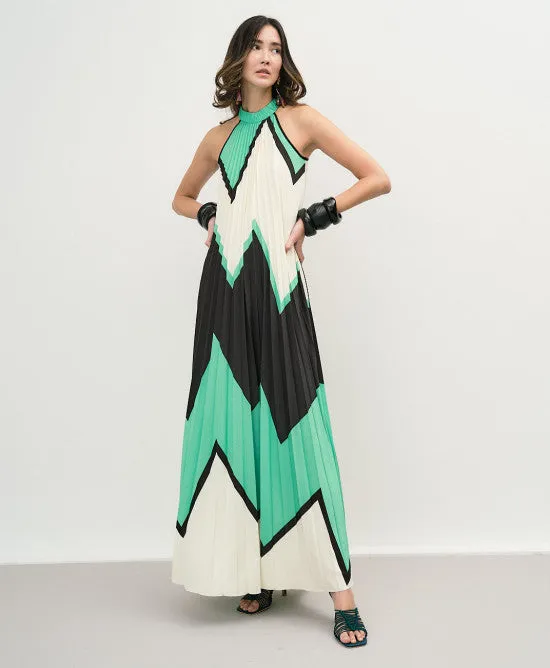 Access Green Multi Pleated Halterneck Dress