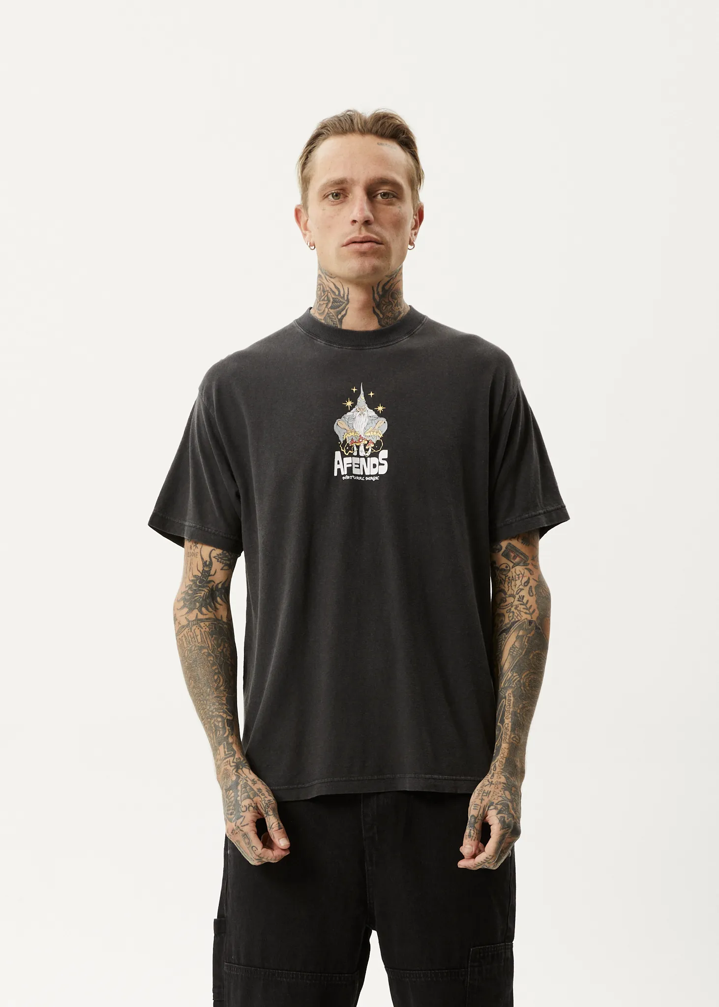 AFENDS Mens Magic Wizzo - Boxy T-Shirt - Stone Black