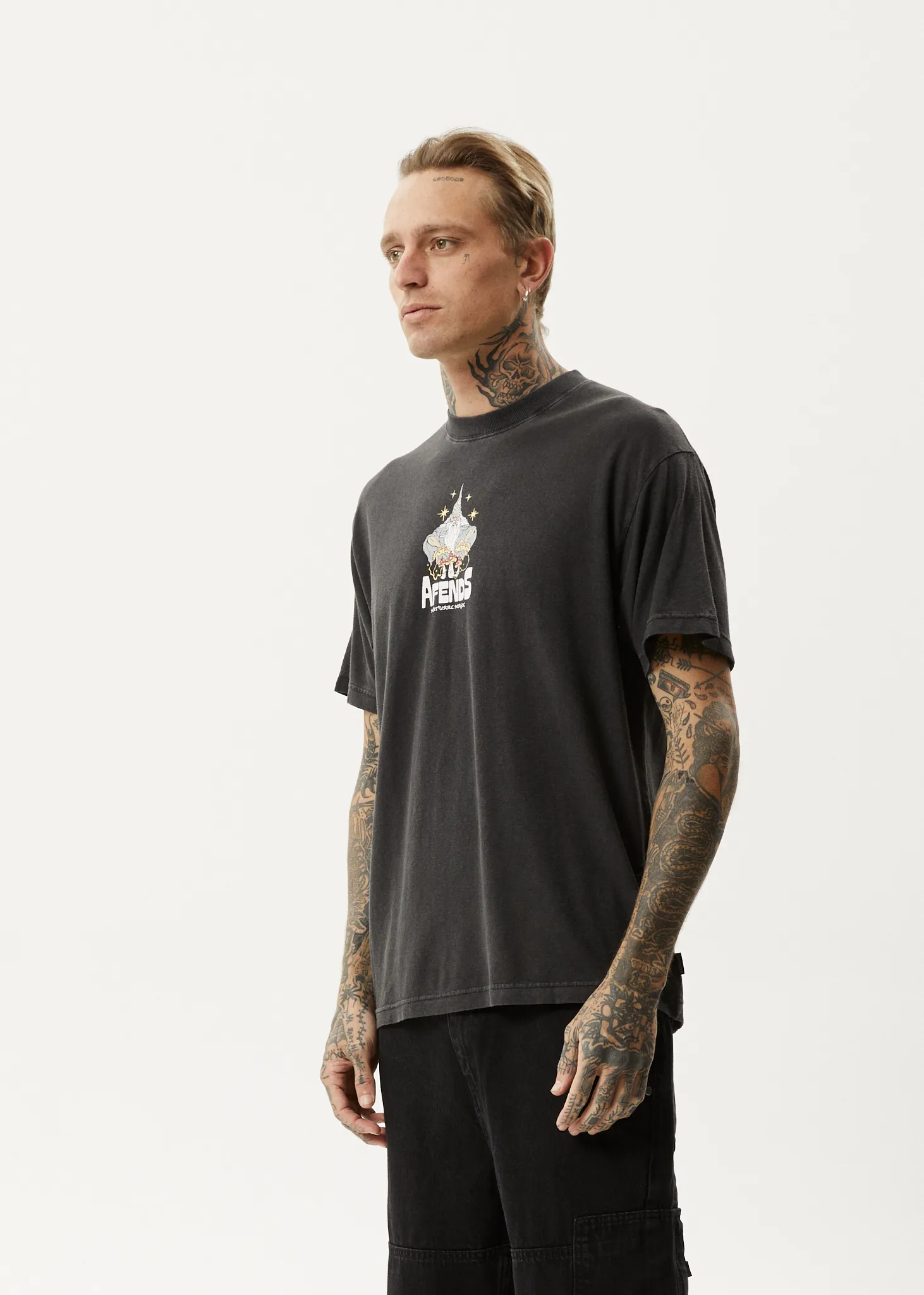 AFENDS Mens Magic Wizzo - Boxy T-Shirt - Stone Black