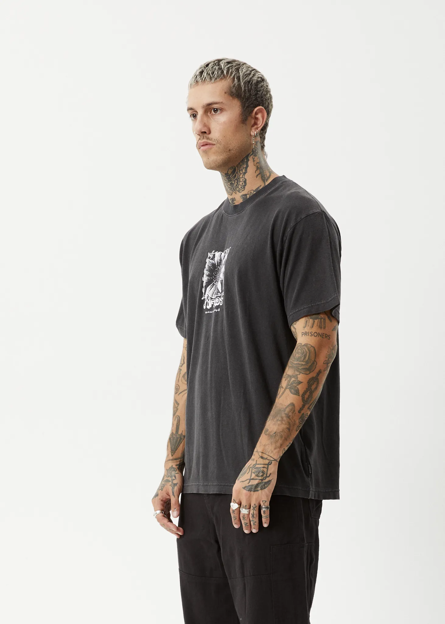 AFENDS Mens Sunflower - Boxy T-Shirt - Stone Black