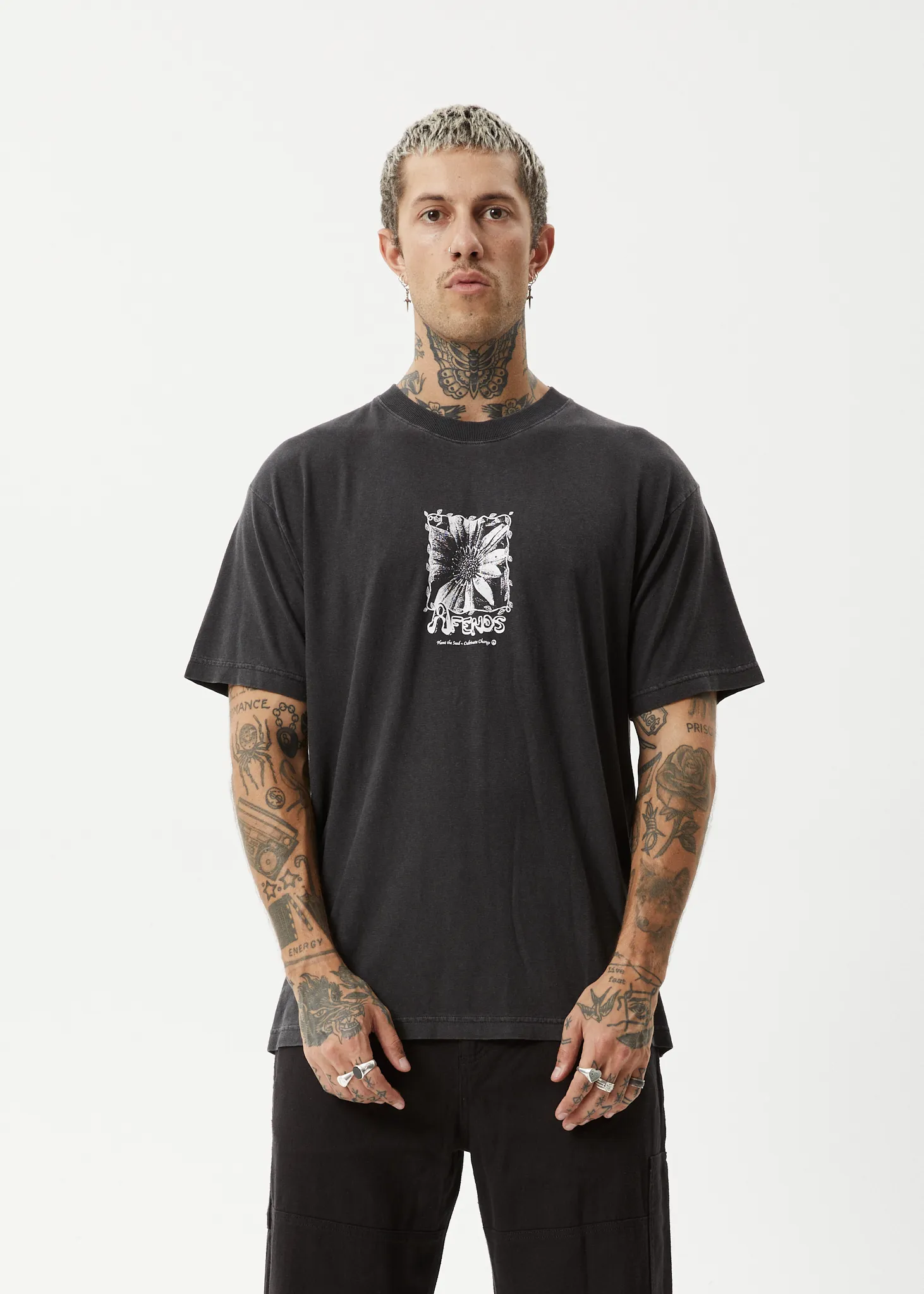 AFENDS Mens Sunflower - Boxy T-Shirt - Stone Black