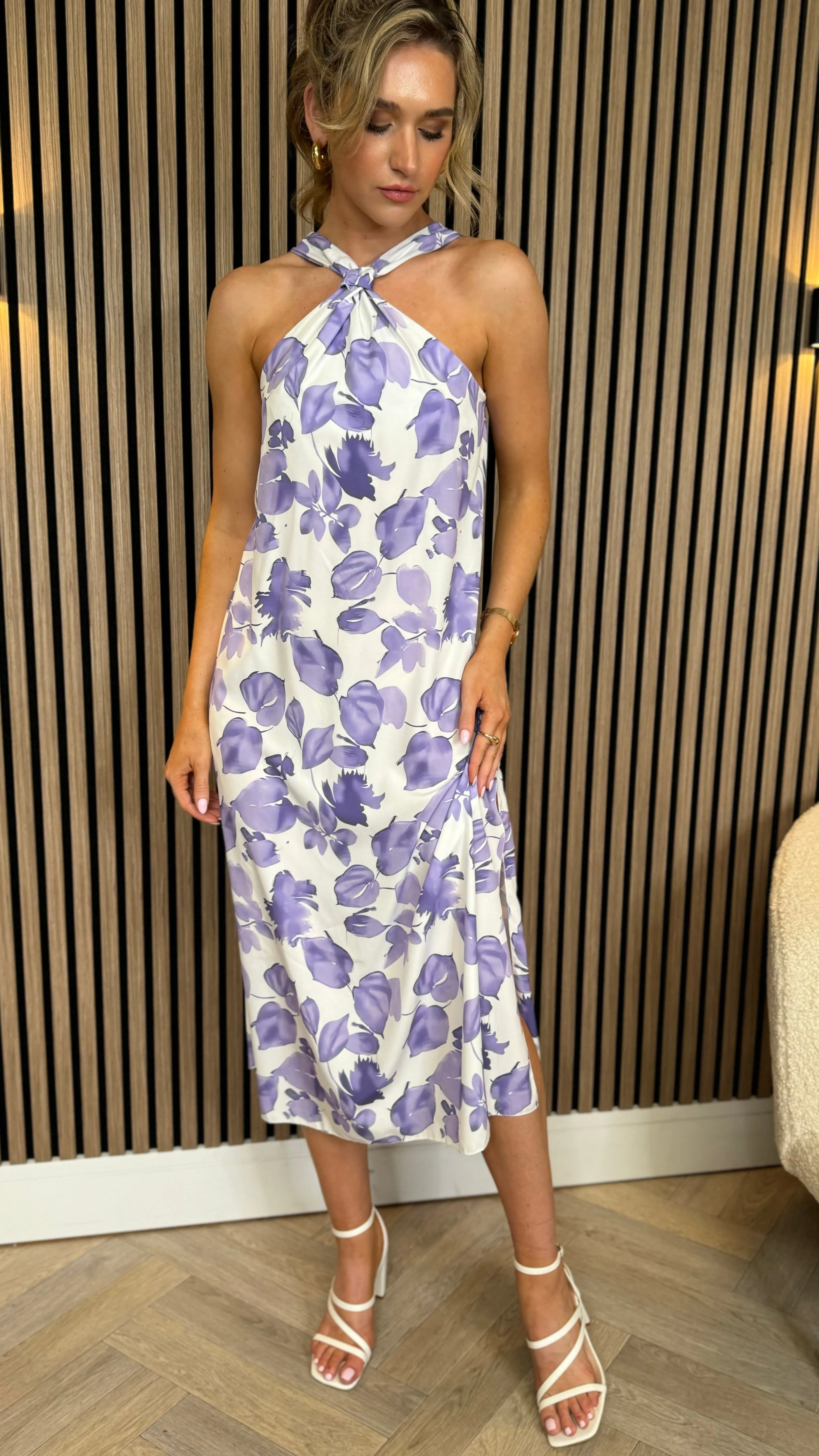 Akia Purple & White Floral Printed Halterneck Midi Dress