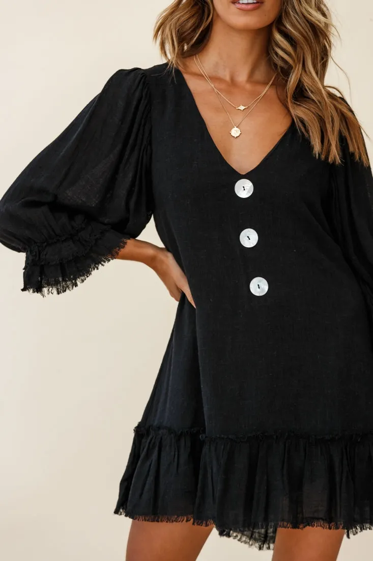 Amala Balloon Sleeve Button Detail Linen Dress Black