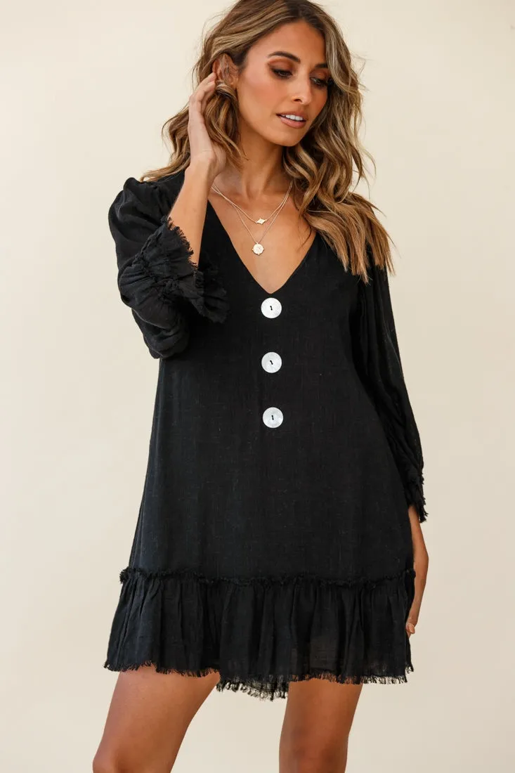 Amala Balloon Sleeve Button Detail Linen Dress Black