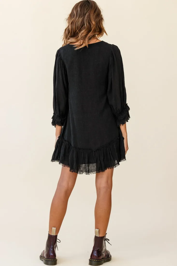 Amala Balloon Sleeve Button Detail Linen Dress Black