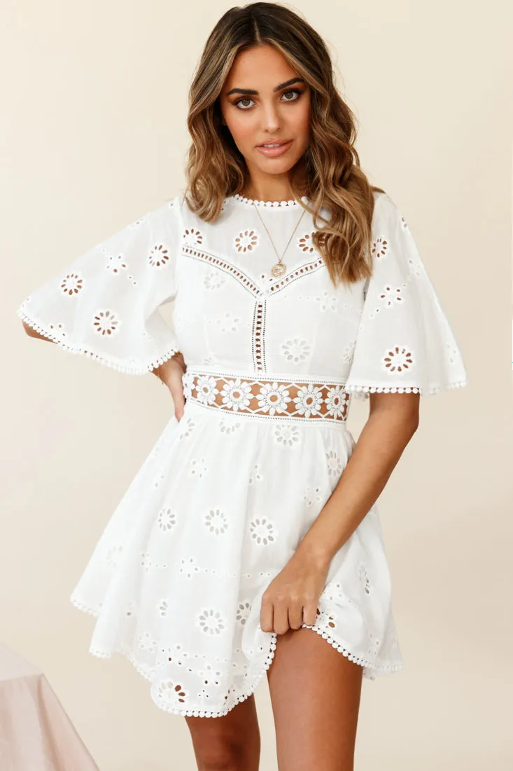 Anais Fluted Sleeve Exposed Back Broderie Anglaise Dress White