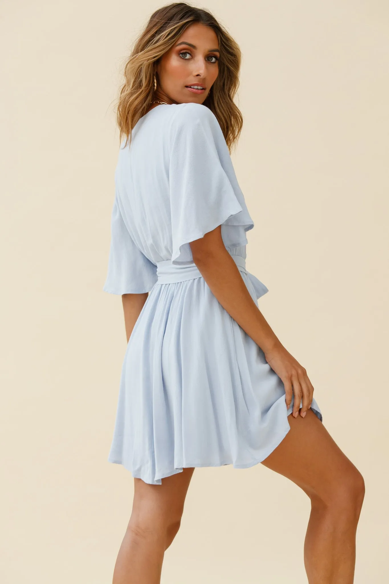 Angela Lace-Trimmed Bust Angel Sleeve Dress Steel Blue