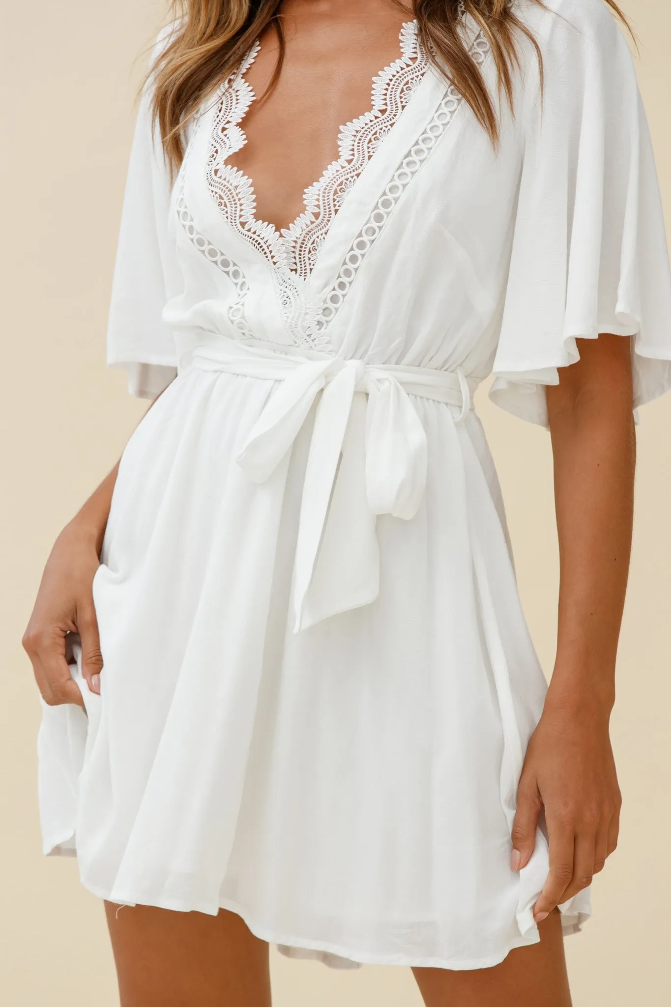 Angela Lace-Trimmed Bust Angel Sleeve Dress White