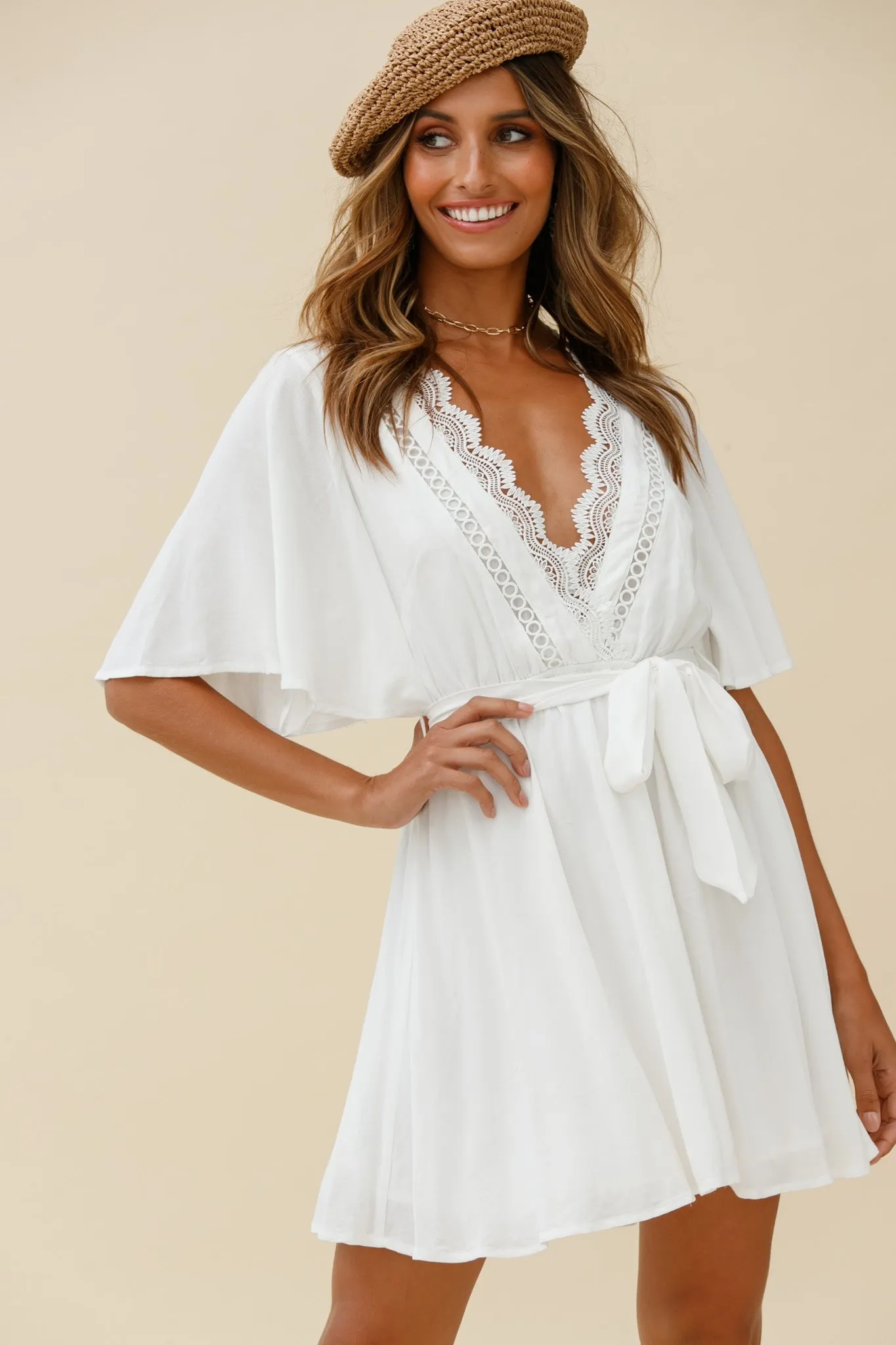 Angela Lace-Trimmed Bust Angel Sleeve Dress White