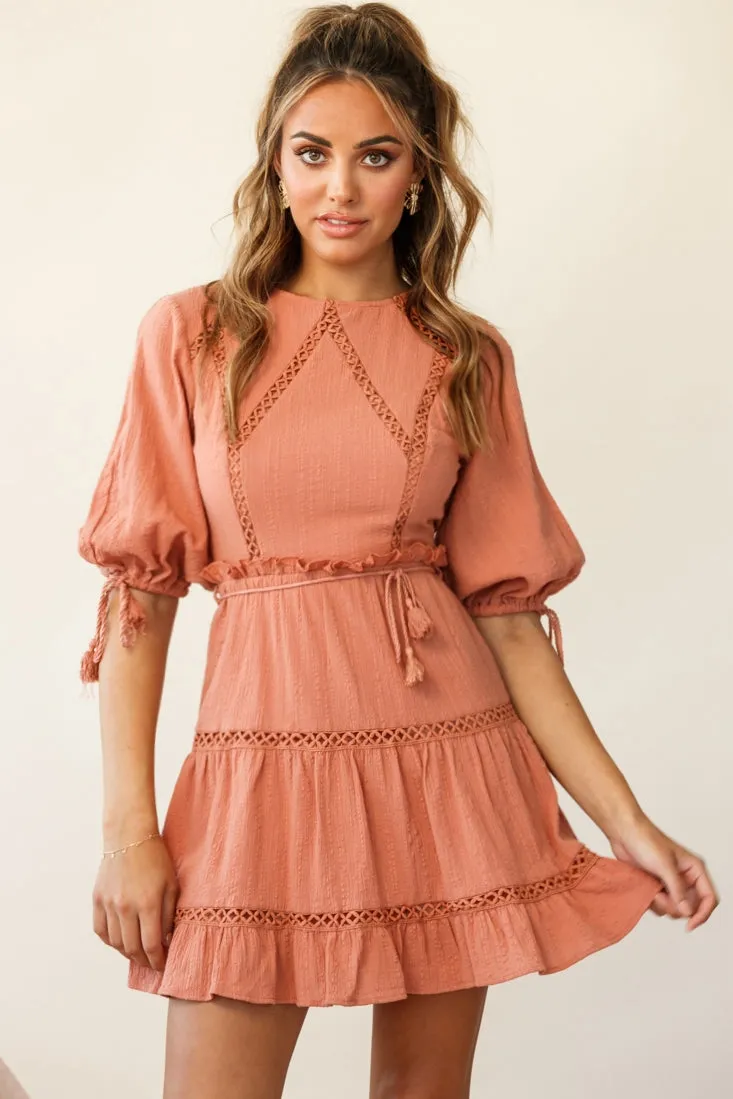 Antonia Half Puff Sleeve Crochet Detail Dress Rose