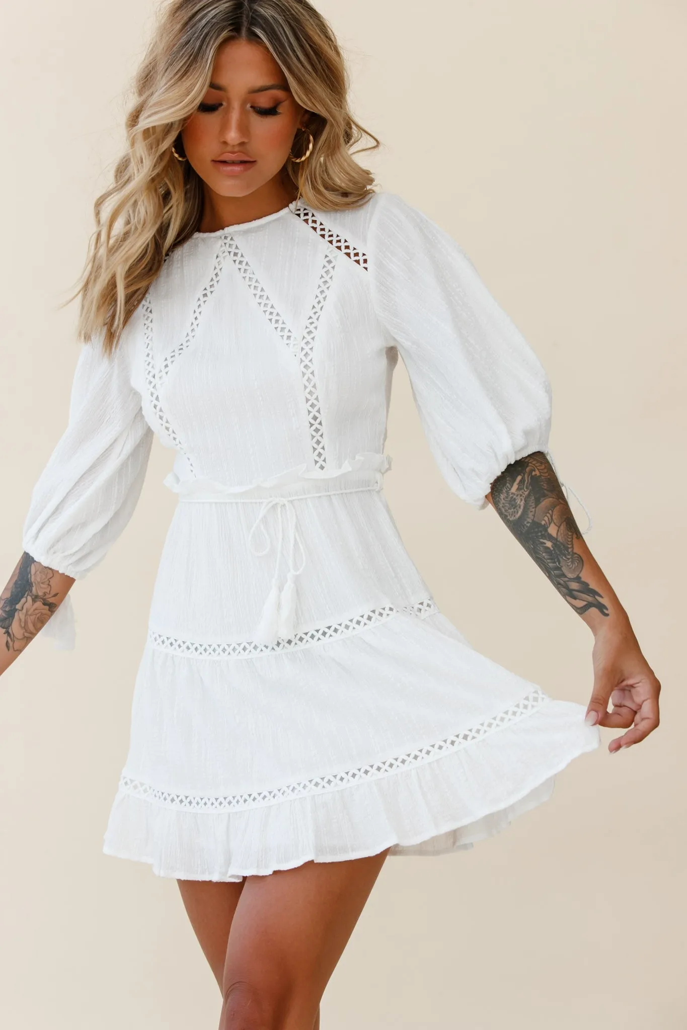 Antonia Half Puff Sleeve Crochet Detail Dress White