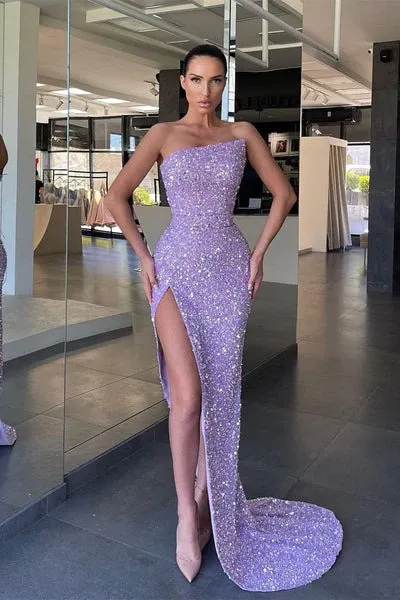 Asymmetrical Mermaid Sequins Long Prom Dress with High Slit, DP2210