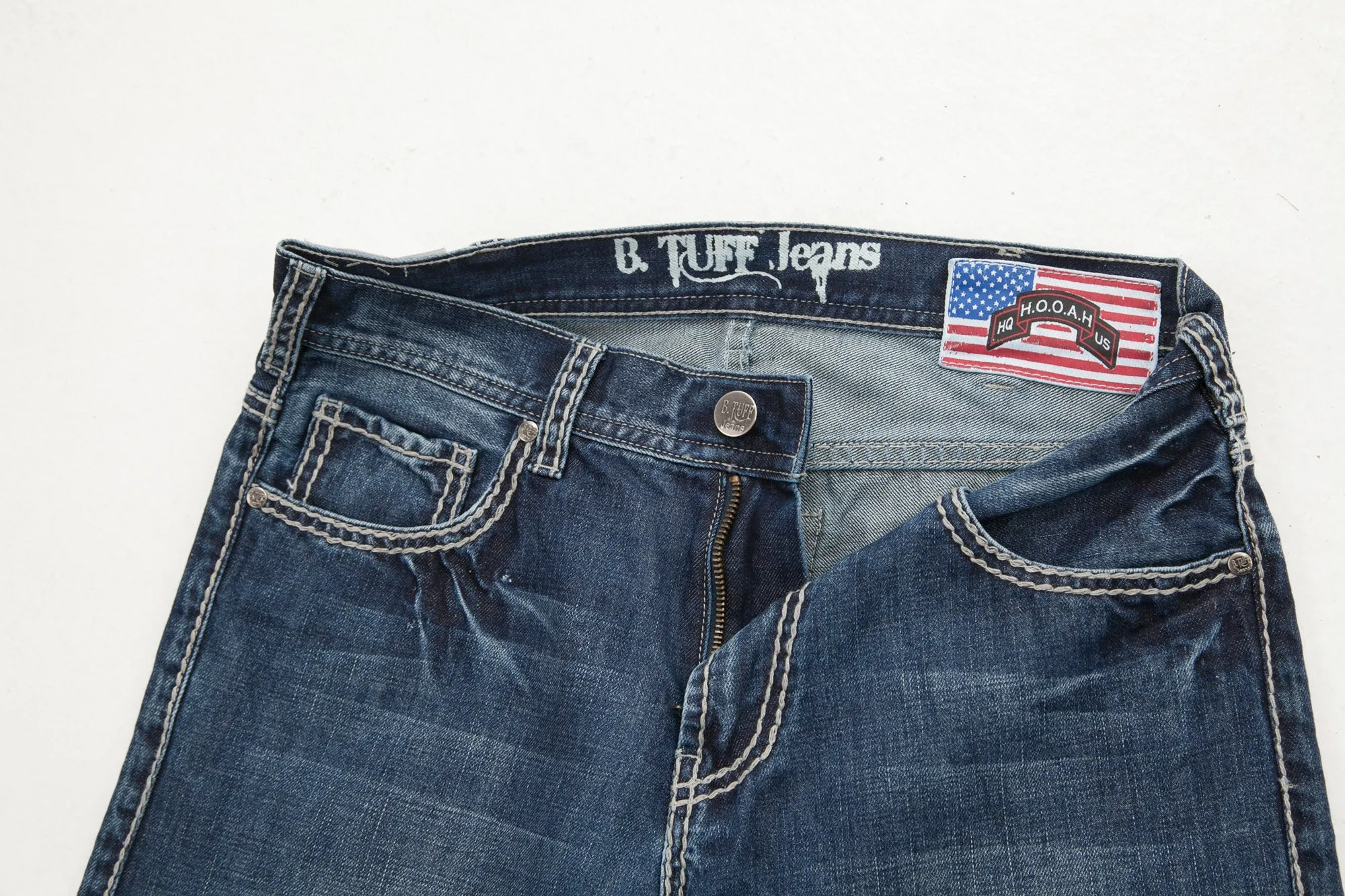 B Tuff Mens Medium Wash 100% Cotton Jeans American Flag HOOAH