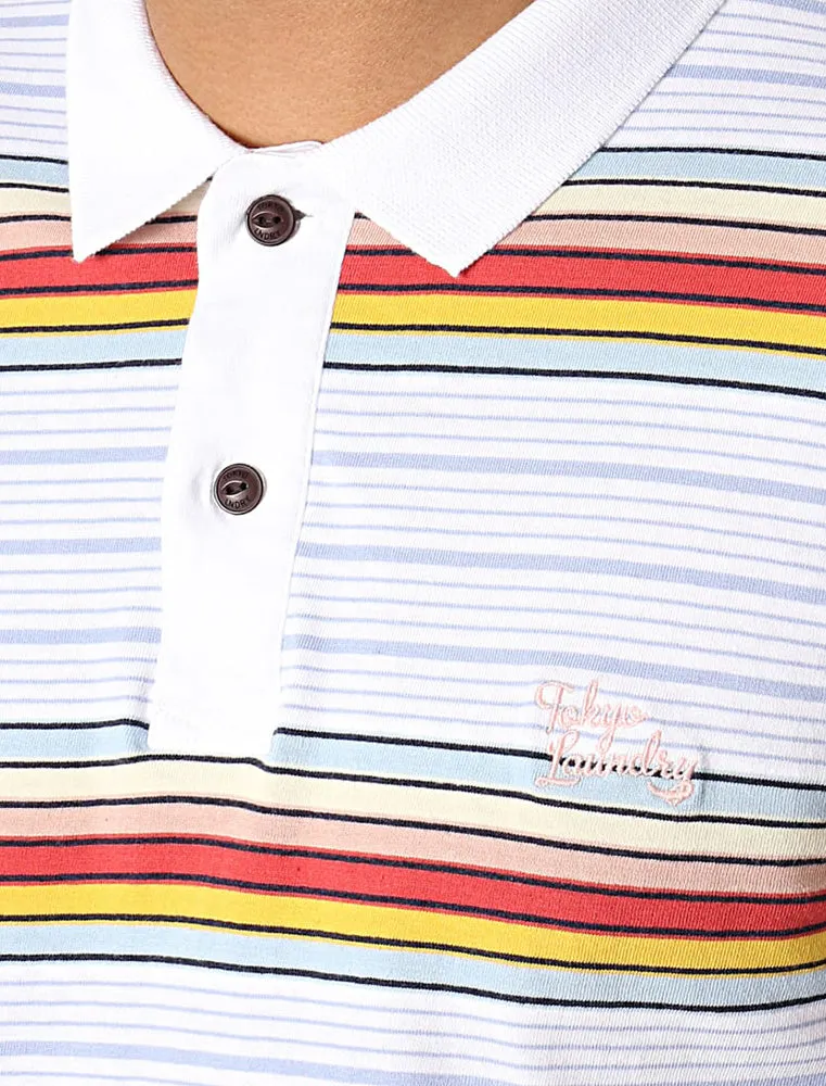 Bakersfield Striped Cotton Jersey Polo Shirt in Bright White - Tokyo Laundry