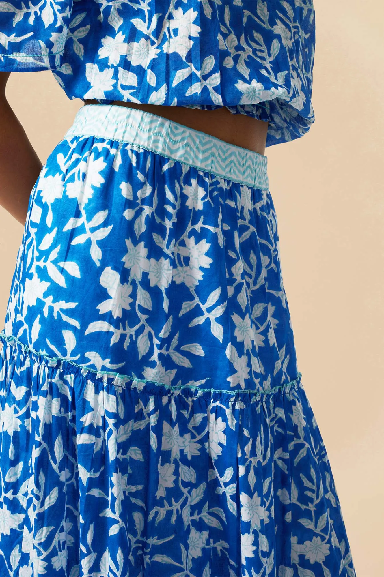 Becks Block Print Skirt | Japanese Flower Cobalt