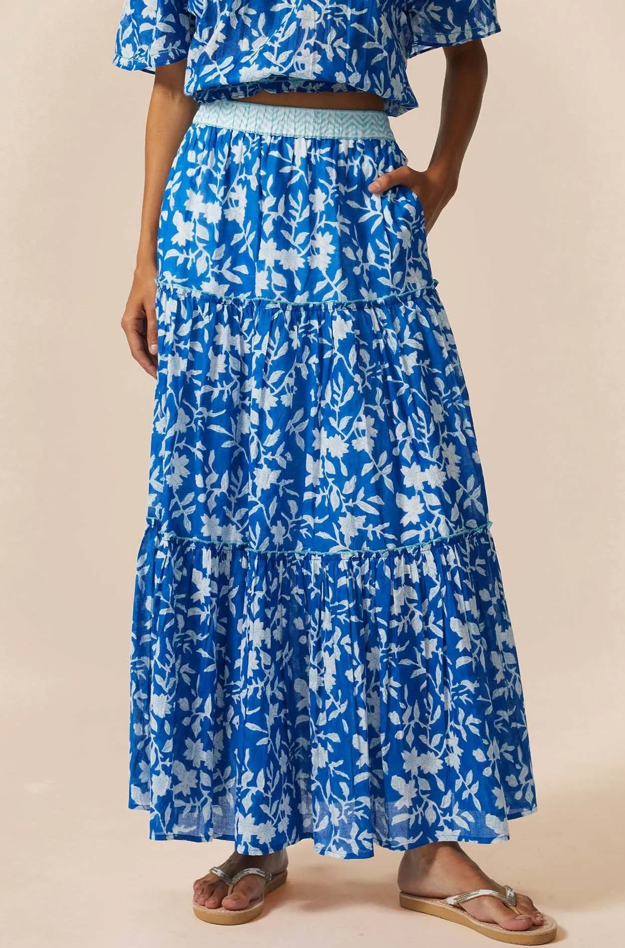 Becks Block Print Skirt | Japanese Flower Cobalt