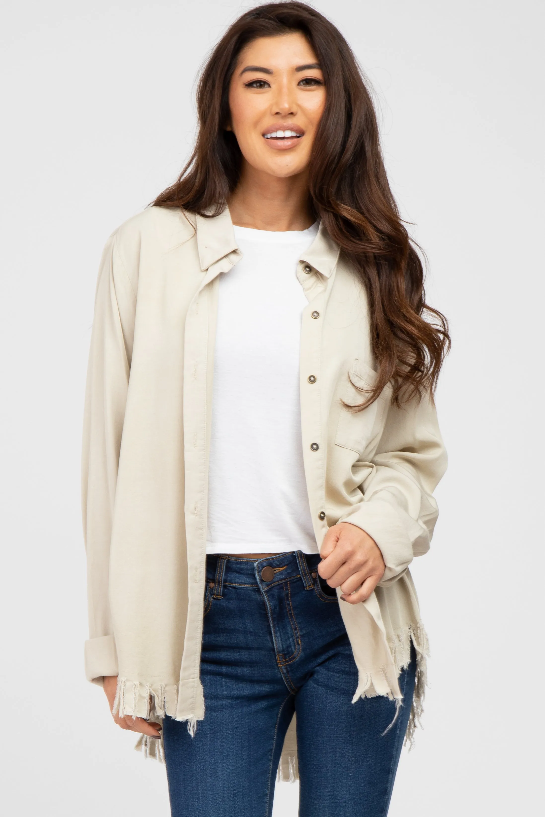 Beige Distressed Hi-Low Button Up Maternity Top