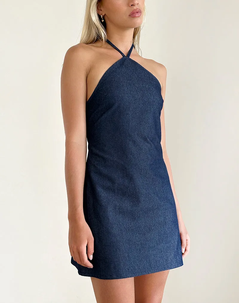 Belinda Halterneck Mini Dress in Denim Chambray Indigo