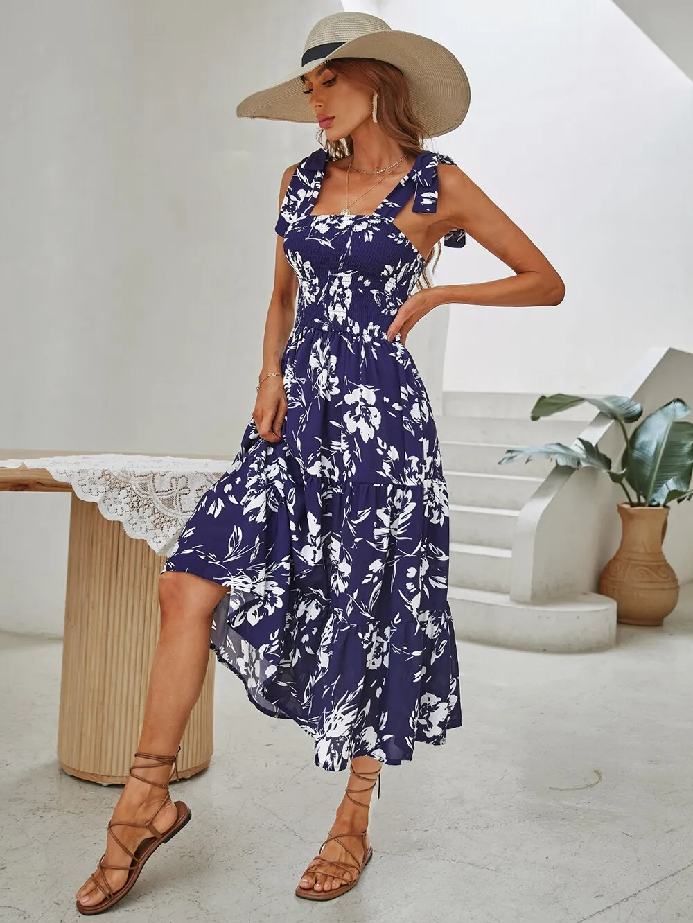 BerriesJam - 2024 Retro Cami Printed Navy Blue Maxi Dress