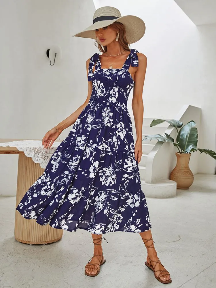 BerriesJam - 2024 Retro Cami Printed Navy Blue Maxi Dress