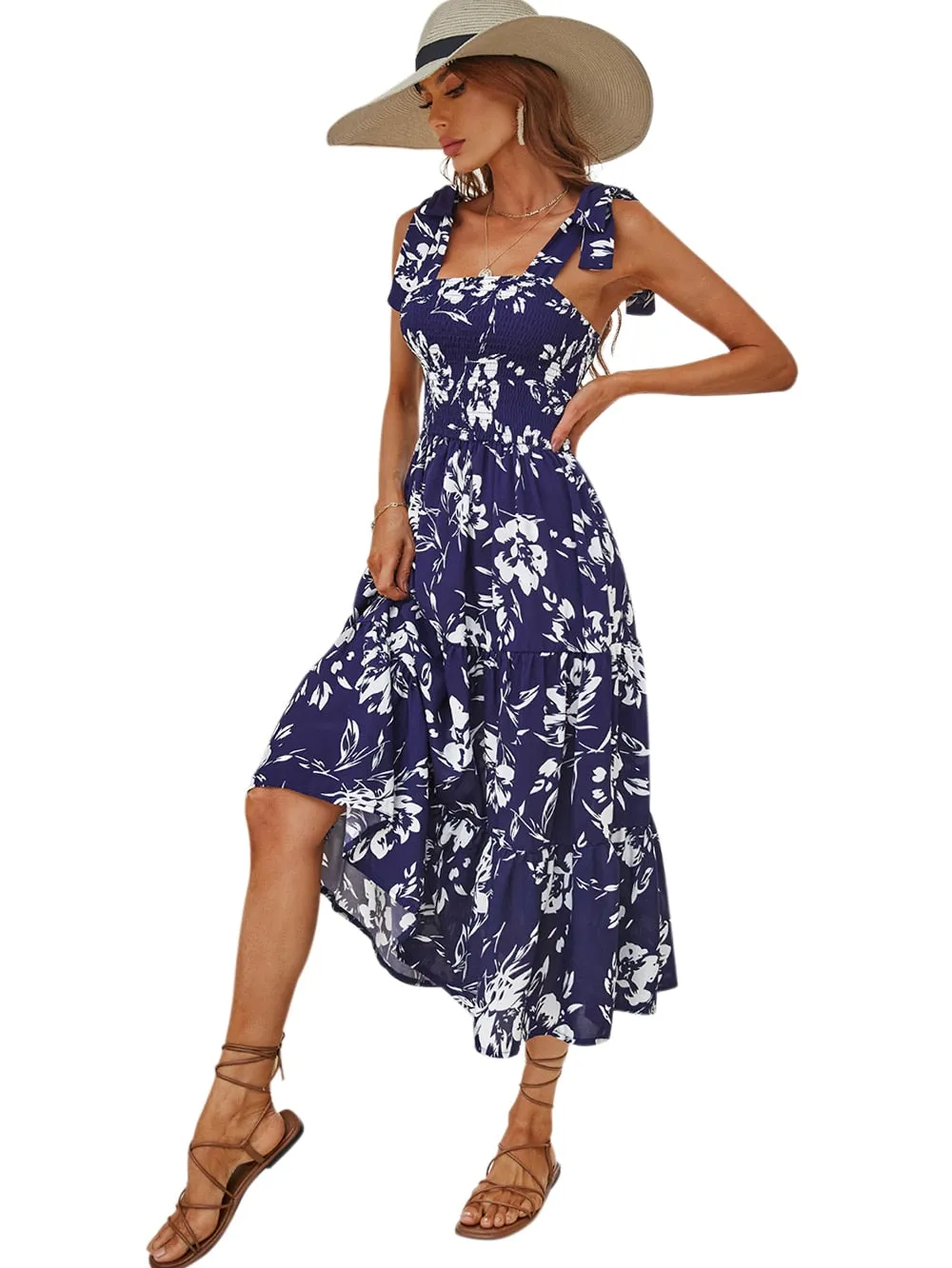 BerriesJam - 2024 Retro Cami Printed Navy Blue Maxi Dress