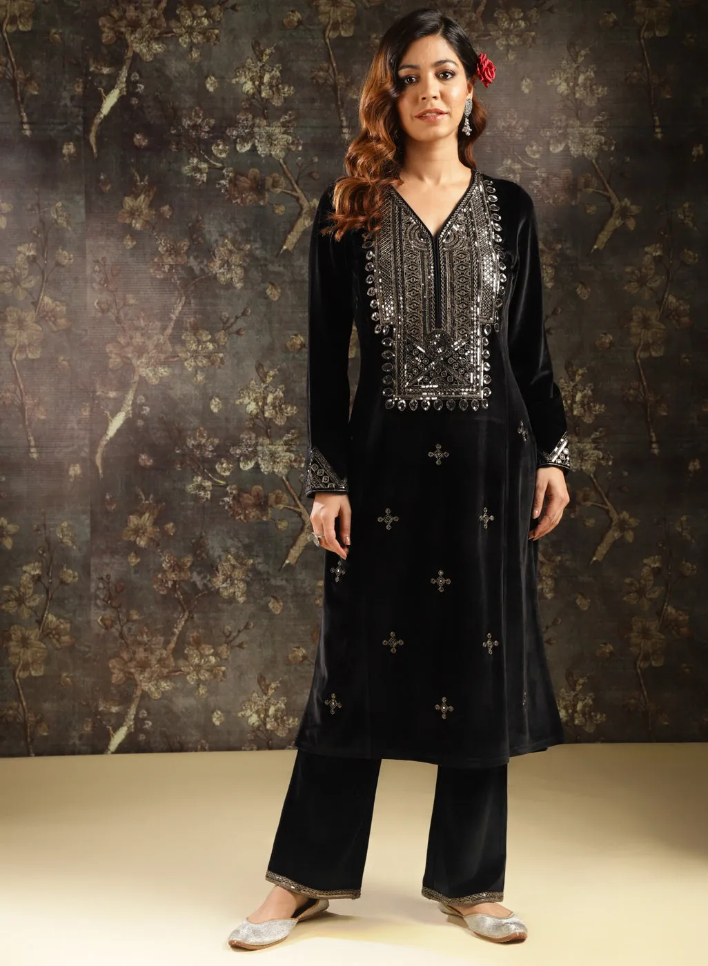 Black Embroidered Velvet Kurta Set for Women