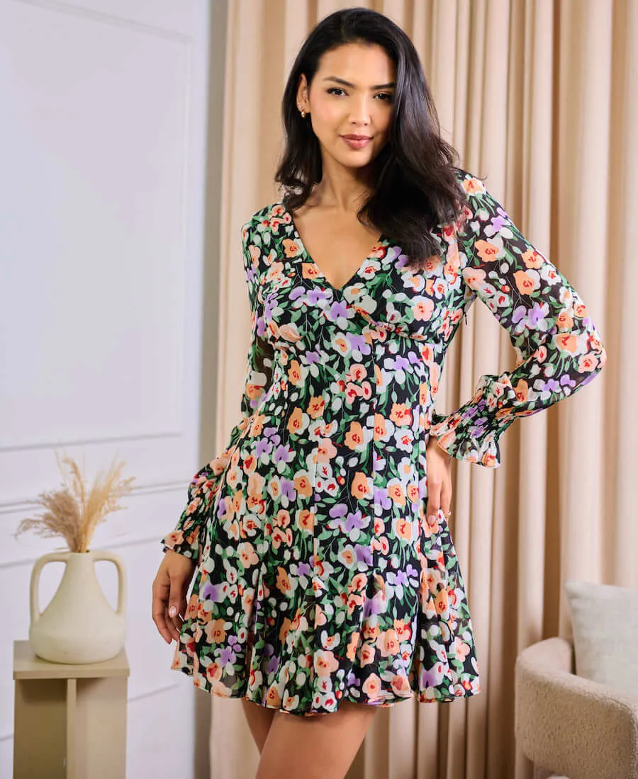 Black Floral Long Sleeve Godet Mini Tea Dress