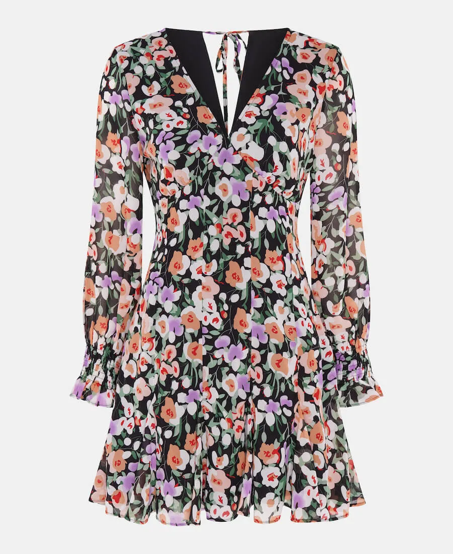 Black Floral Long Sleeve Godet Mini Tea Dress