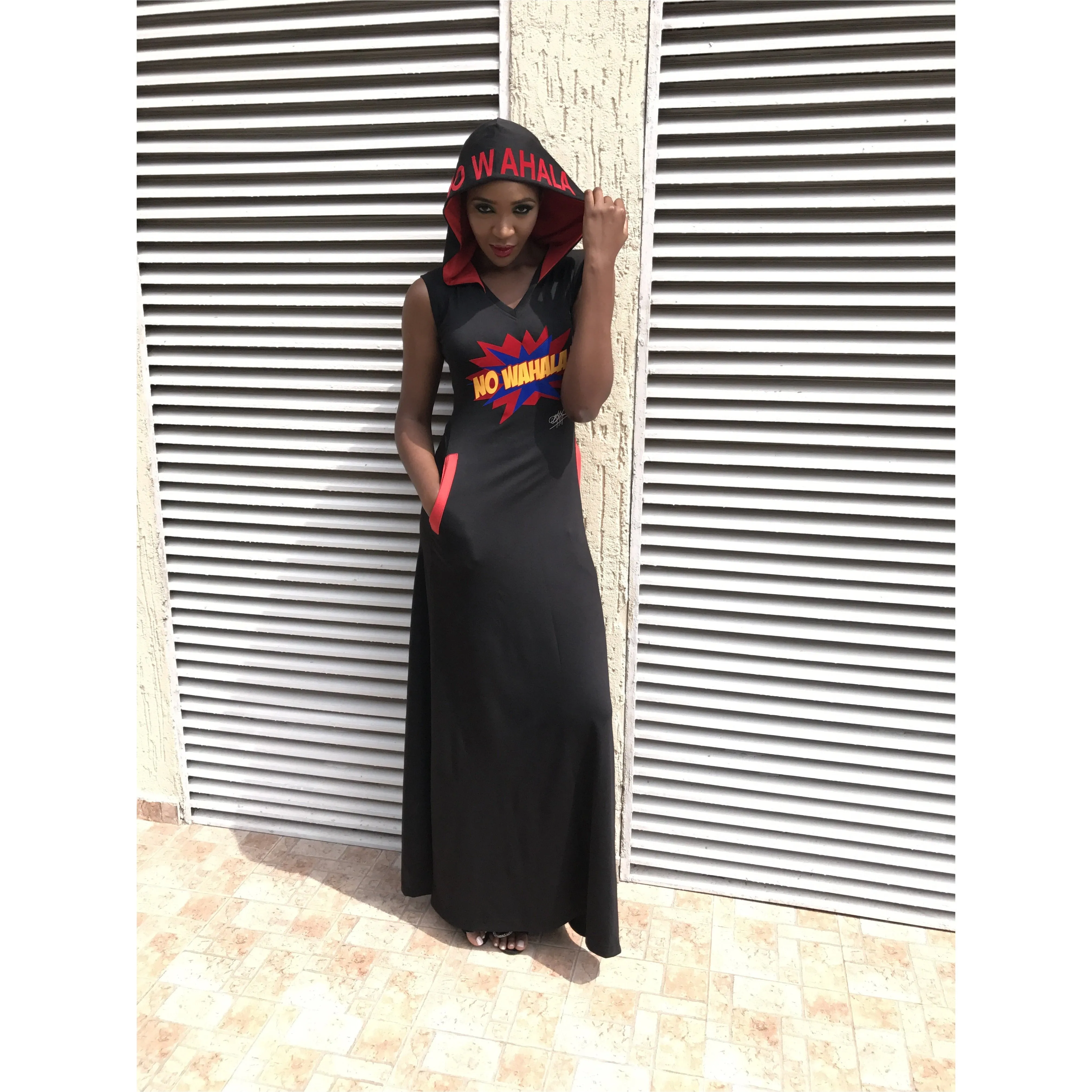 BLACK NO WAHALA HOODED MAXI DRESS