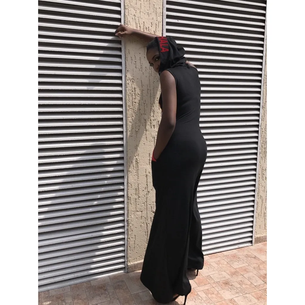 BLACK NO WAHALA HOODED MAXI DRESS