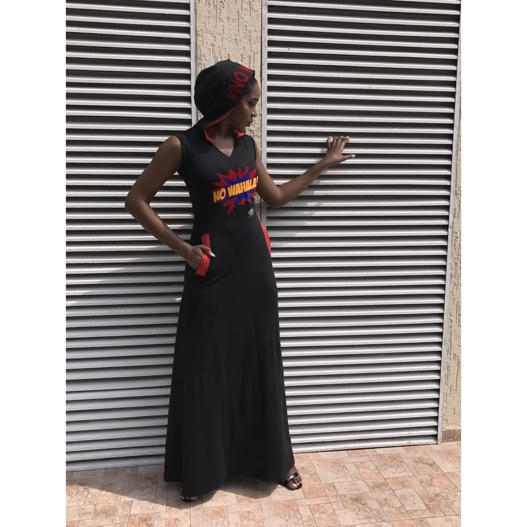 BLACK NO WAHALA HOODED MAXI DRESS