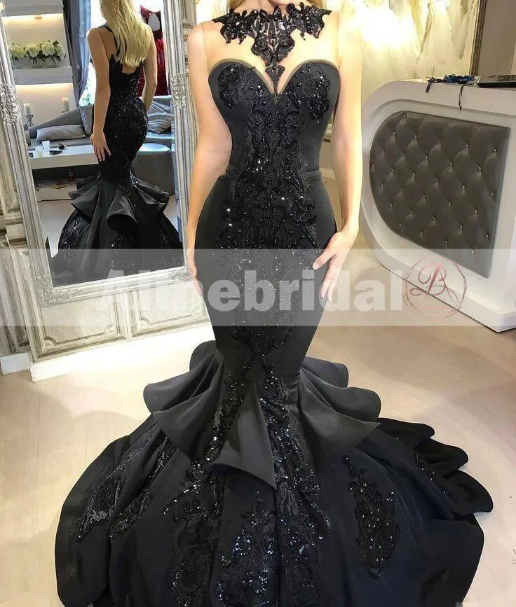 Black Sparkly Appliques With Beads Sexy Mermaid Evening Party Prom Dresses, PD00096