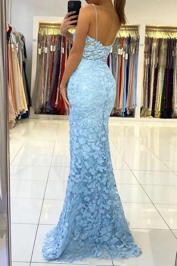 Blue Mermaid V-neck Pearl Straps Lace Appliques Prom Dresses With Slit, SP953